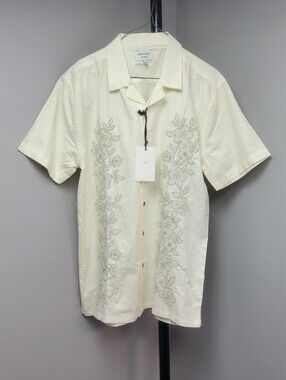 Precedent Mens L Cream Floral Embroidered Short-Sleeve ButtonUp Shirt Top Summer